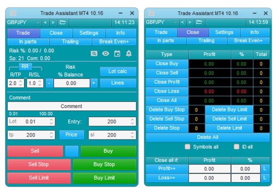 Trade Assistant MT4 v10.16, Forex Trading Tool, MT4 Virtual Assistant, One-Click Buy Sell, Stop Loss Settings, Risk Management, Trading Panel, Forex Automation, Trade Optimization, Forex Strategy.